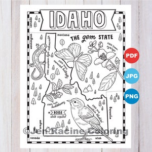 Pagina da colorare dell'Idaho, Stati Uniti, mappa dello stato, fauna selvatica, simboli dello stato, fiori, pagine da colorare