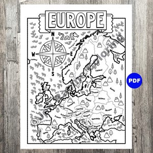Kleurplaat Europa, geografie van Europa, digitale download kleurplaat