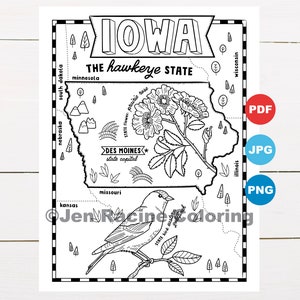 Pagina da colorare dell'Iowa, Stati Uniti, mappa dello stato, fauna selvatica, simboli dello stato, fiori, pagine da colorare