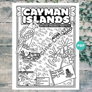 Página para colorear de las Islas Caimán, geografía del Caribe, página para colorear con descarga digital