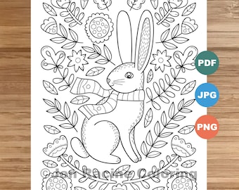 Rabbit Coloring Page, Scandinavian Floral, Kids & Adults (PDF, JPG, PNG)