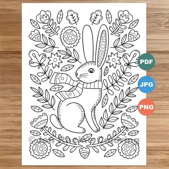 Woodland Wonder Coloring Page Rabbit floral Scandinavian
