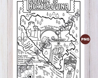 Bosnia & Herzegovina Coloring Page, Geography of Europe, Digital Download Coloring Page