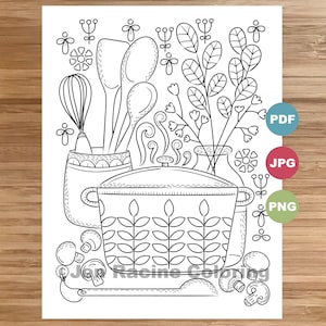 Cooking Coloring Page, Hygge, floral, Scandinavian, cozy coloring, coloring page