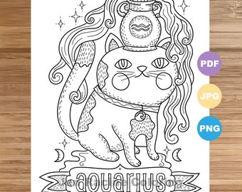 Aquarius Cat Coloring Page, Zodiac, Animal art, Cats, Astrology, Coloring page, Printable, Coloring page for kids, Coloring page for adults
