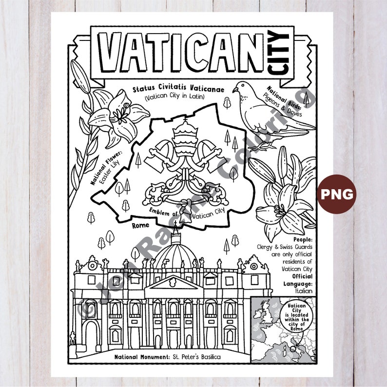 Vatican City Coloring Page, Geography of Europe, Digital Download Coloring Page image 1