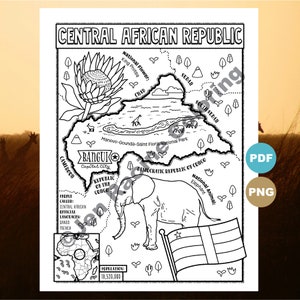 May include: A black and white line drawing map of the Central African Republic. The map shows the country's borders, major cities, and national landmarks. The map also includes information about the country's national flower, national animal, and population.