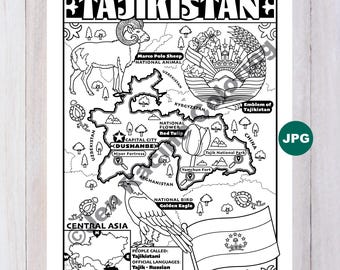 Tajikistan Map Coloring Page, Central Asia Geography (Digital Download)
