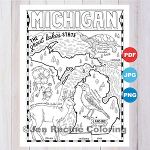 Pagina da colorare del Michigan, Stati Uniti, mappa dello stato, fauna selvatica, simboli dello stato, fiori, pagine da colorare