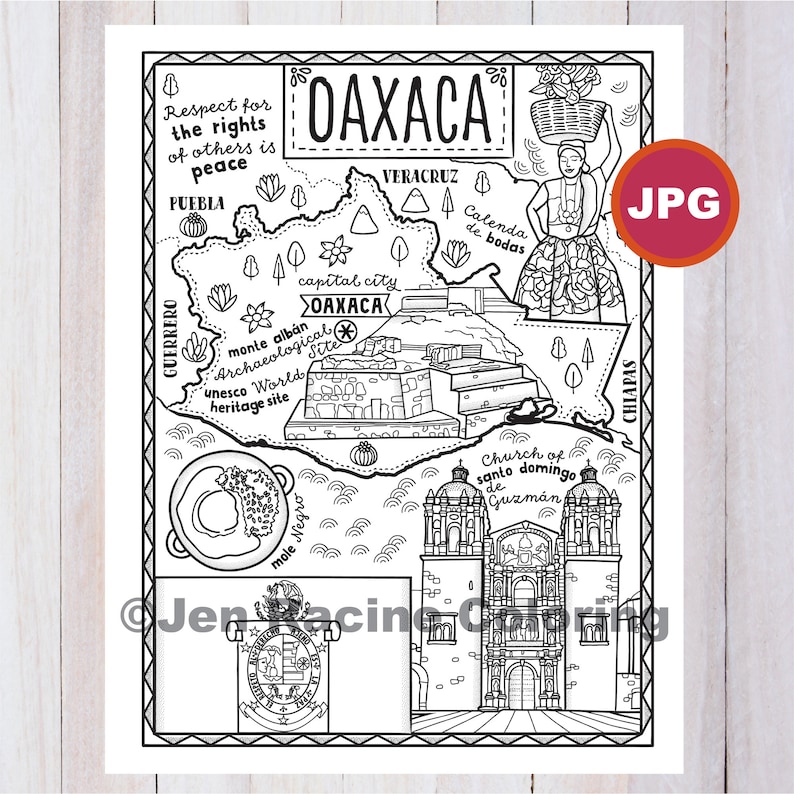 Oaxaca Coloring Page, Mexico State, Estados de Mexico, Flag, Food, Monuments, Coloring Page, JPG Download image 1