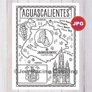 Aguascalientes Coloring Page, Stato del Messico, Estados de Mexico, Bandiera, Cibo, Monumenti, Pagina da colorare, JPG Download