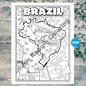 Puede incluir: Una página para colorear en blanco y negro de un mapa de Brasil. El mapa incluye las fronteras del país, las principales ciudades y las características geográficas. El ave nacional, el zorzal de vientre rufo, está representado en el centro del mapa. El mapa también incluye un pequeño mapa insertado de América del Sur, una bandera de Brasil y texto sobre la población, el idioma oficial y la gente del país.