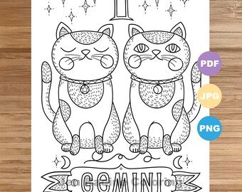 Gemini Cat Coloring Page, Zodiac Animal Art (Printable)