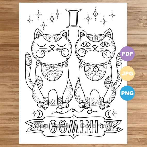 gemini cat coloring page zodiac animal art cats astrology coloring  page printable coloring page for kids coloring page for adults