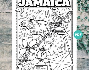 Kleurplaat kaart Jamaica, geografie Caribisch gebied (digitale download)