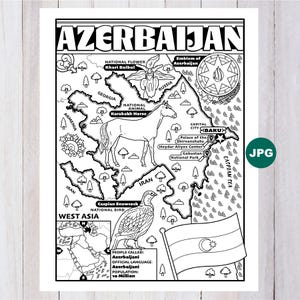 Azerbaijan Map Coloring Page, Asia Geography (Digital Download)