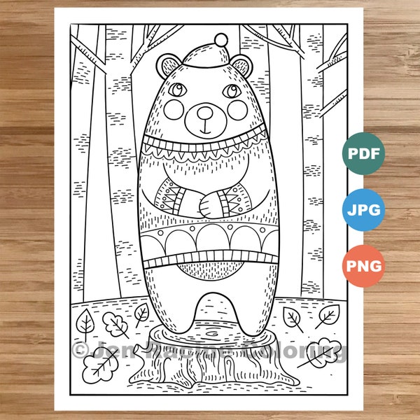 Woodland Wonder Coloring Page, Bear in a sweater, floral, Scandinavian, Forest, cozy coloring, coloring page for kids