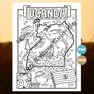 Op de afbeelding: Een zwart-witte kleurplaat van een kaart van Oeganda. De kaart bevat de nationale vogel, de grijze kroonkraanvogel, het nationale dier, de Oegandese Kob, en de hoofdstad Kampala. De kaart bevat ook het Bwindi Impenetrable National Forest, het Murchison Falls National Park en Lake Victoria. De bevolking van Oeganda is 49.300.000.