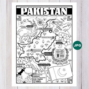 Puede incluir: Mapa ilustrado en blanco y negro de Pakistán, con el animal nacional Markhor, la flor nacional Jazmín y el ave nacional Chukar Partridge. Incluye la bandera, el emblema y las ciudades clave. El texto dice "PAKISTAN".