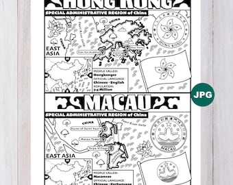 Hong Kong & Macau Map Coloring Page (Digital Download)
