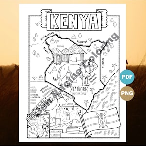 May include: A black and white coloring page of a map of Kenya. The map includes the country's borders, major cities, and landmarks. The national bird, the Lilac-breasted Roller, and the national animal, the lion, are also depicted. The map includes the text "Kenya", "Nairobi Capital City", "National Animal: Lion", "National Bird: Lilac-breasted Roller", "Population: 51,500,000", and "People Called: Kenyan".