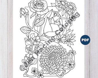 B is for Bloom Floral Coloring Page, Lettering Artwork (PDF)