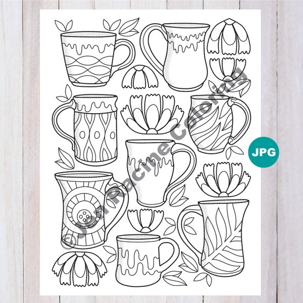 Lagom Coloring Page, Pottery Mugs, Scandinavian, JPG Coloring Page