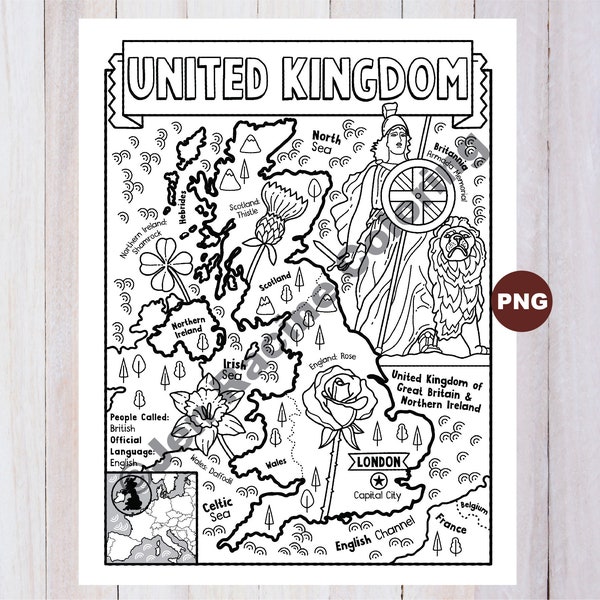 United Kingdom Coloring Page, Geography of Europe, Digital Download Coloring Page