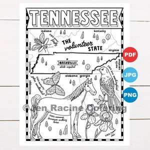 Pagina da colorare del Tennessee, Stati Uniti, mappa dello stato, fauna selvatica, simboli dello stato, fiori, pagine da colorare