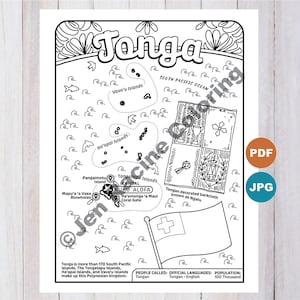 May include: Black and white illustration of a map of Tonga, featuring the South Pacific Ocean and various islands. The word "Tonga" is at the top. Includes text such as "Nuku'alofa" and "Tongan decorated barkcloth known as Ngatu."