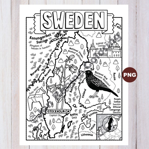 Sweden Coloring Page, Geography of Europe, Digital Download Coloring Page