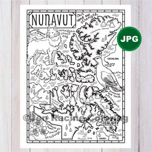 Nunavut Coloring Page, Canada, Provincia, Mappa provinciale, Fauna selvatica, Simboli, Fiori, Pagina da colorare, JPG Download