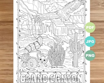 National Park Coloring Page, Grand Canyon,  Arizona, National Park, Landscape, Animal, Plant, Wildflower, Coloring page, Printable