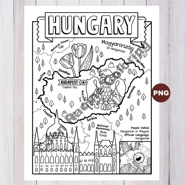 Hungary Coloring Page, Geography of Europe, Digital Download Coloring Page