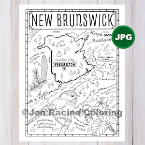 Nueva página para colorear brunswick, Canadá, provincia, mapa provincial, vida silvestre, símbolos, flores, página para colorear, JPG Descargar