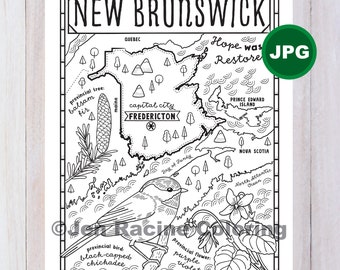 New Brunswick Coloring Page, Canada, Province, Provincial Map, Wildlife, Symbols, Flowers, Coloring Page, JPG Download