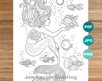 Mermaid and Fish Coloring Page, Printable Art (PDF, JPG, PNG)