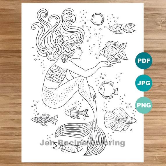 Mermaid and fishy friends Coloring Page Mermaid art Coloring