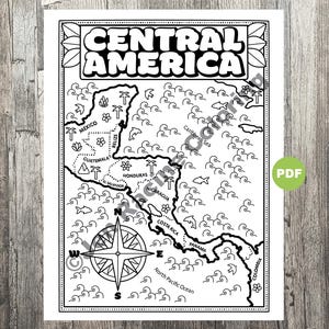 Página para colorear de América Central, geografía de América Central, página para colorear con descarga digital