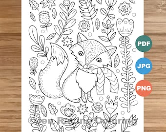 Woodland Wonder Coloring Page, Fox, floral, Scandinavian, Forest, cozy coloring, coloring page for kids