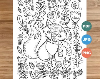 Woodland Wonder Coloring Page, Fox, floral, Scandinavian, Forest, cozy coloring, coloring page for kids