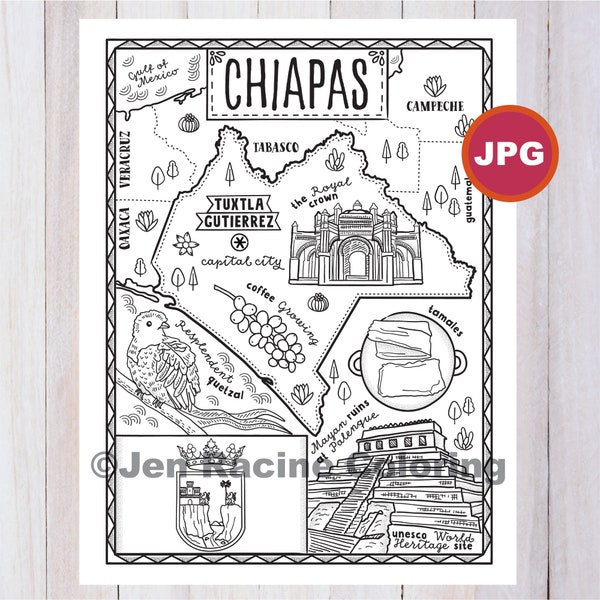 Chiapas Coloring Page, Mexico State, Estados de Mexico, Flag, Food, Monuments, Coloring Page, JPG Download