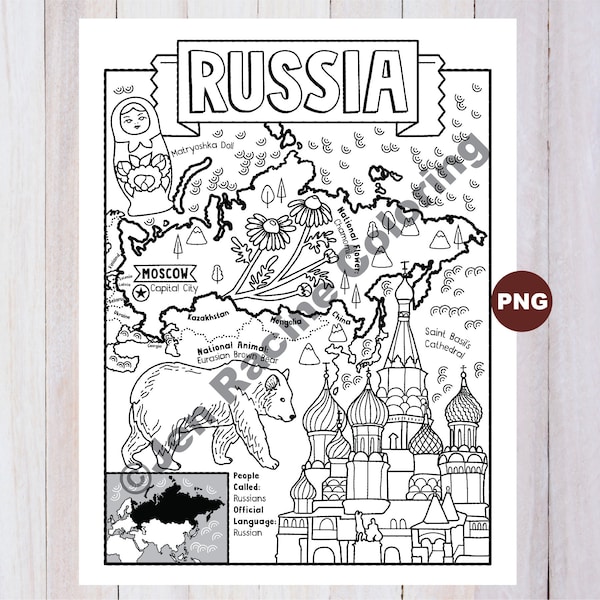 Russia Coloring Page, Geography of Europe, Digital Download Coloring Page