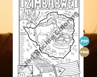 May include: A black and white line drawing of a map of Zimbabwe. The map includes the country's borders, major cities, and landmarks. The map also includes information about the country's national flower, national animal, and national bird. The map is surrounded by a black border and the word "Zimbabwe" is written in large, bold letters at the top of the map.