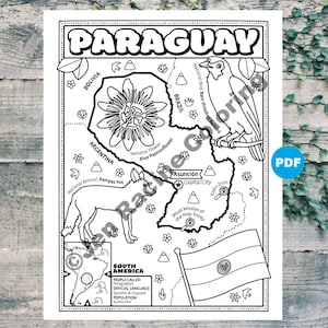 May include: A black and white coloring page featuring a map of Paraguay with details about the country's national animal, bird, and flower. The map includes the capital city, Asunción, and the Itaipu Dam. The page also includes information about the country's population and official language.