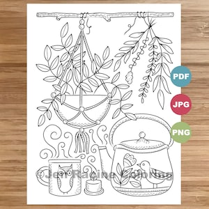 Hanging plant and teapot Coloring Page, Hygge, floral, Scandinavian, cozy coloring, coloring page