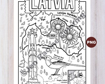 Latvia Coloring Page, Geography of Europe, Digital Download Coloring Page
