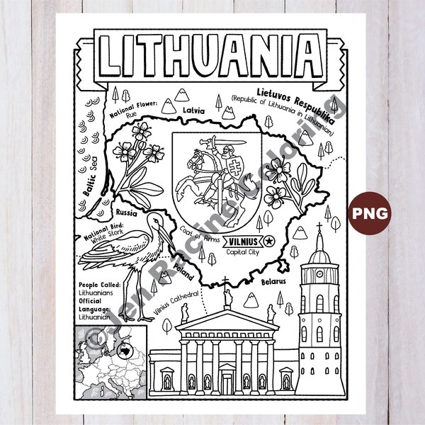 Lithuania Coloring Page, Geography of Europe, Digital Download Coloring Page