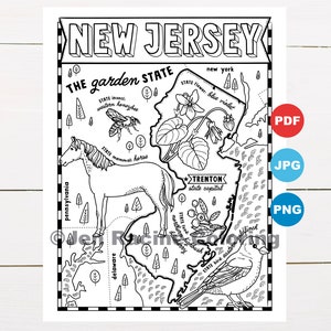 Pagina da colorare del New Jersey, Stati Uniti, Mappa dello Stato, Fauna selvatica, Simboli dello Stato, Fiori, Pagine da colorare
