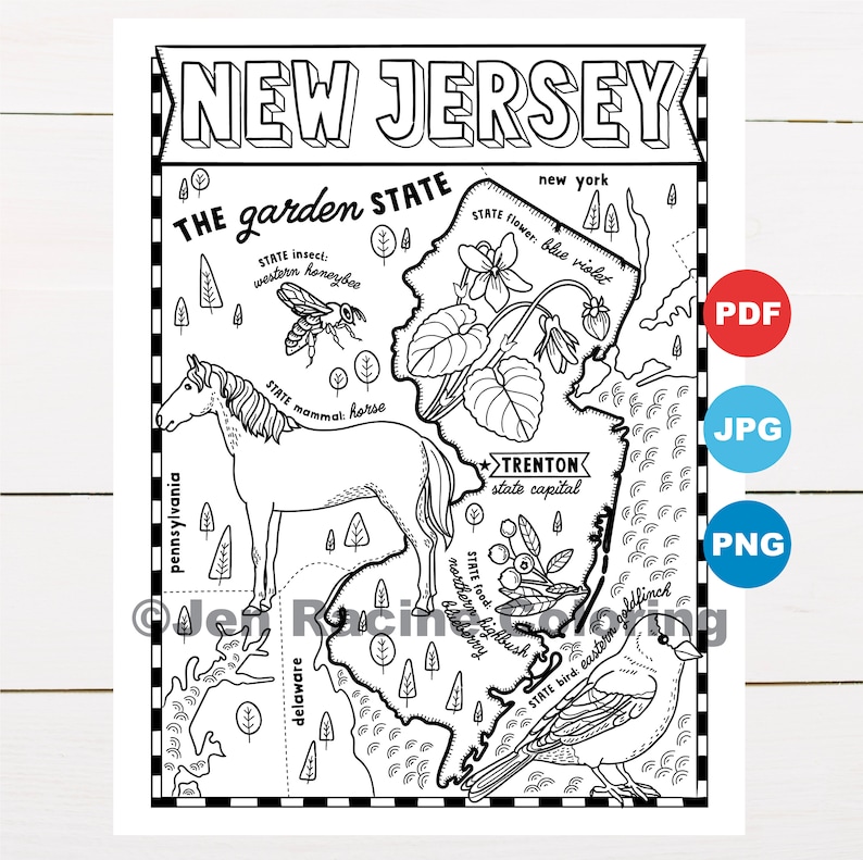 New Jersey Coloring Page United States State Map Wildlife - Etsy